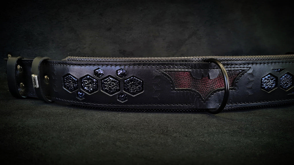 Leather dog collar with metal D-ring, dark navy, embossed hex design and bat emblem