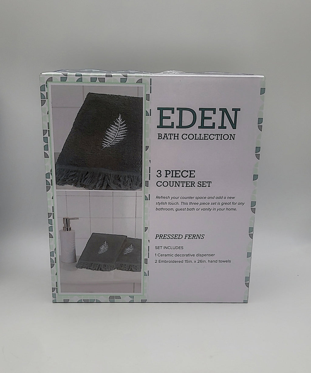 Retail box for 3-piece countertop set with fern leaf towels and soap dispenser