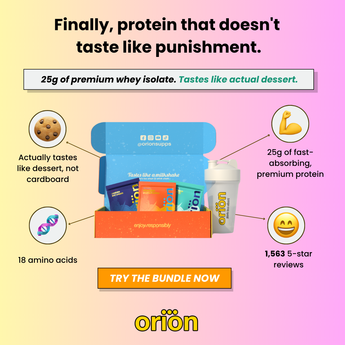 Protein bundle box with shaker bottle and assorted sample packets, promotional layout