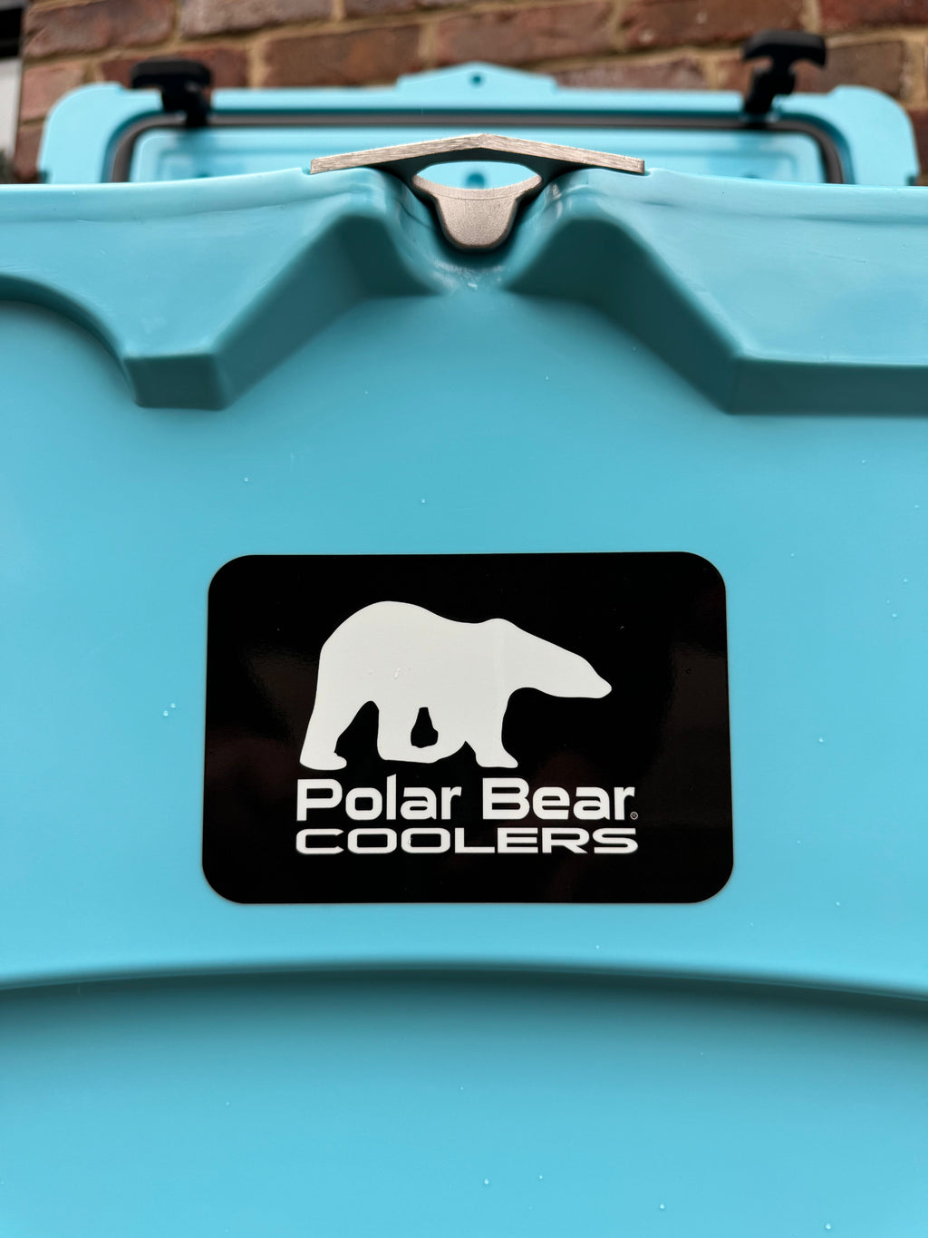 Caribbean blue cooler lid handle opening with Polar Bear Coolers logo panel