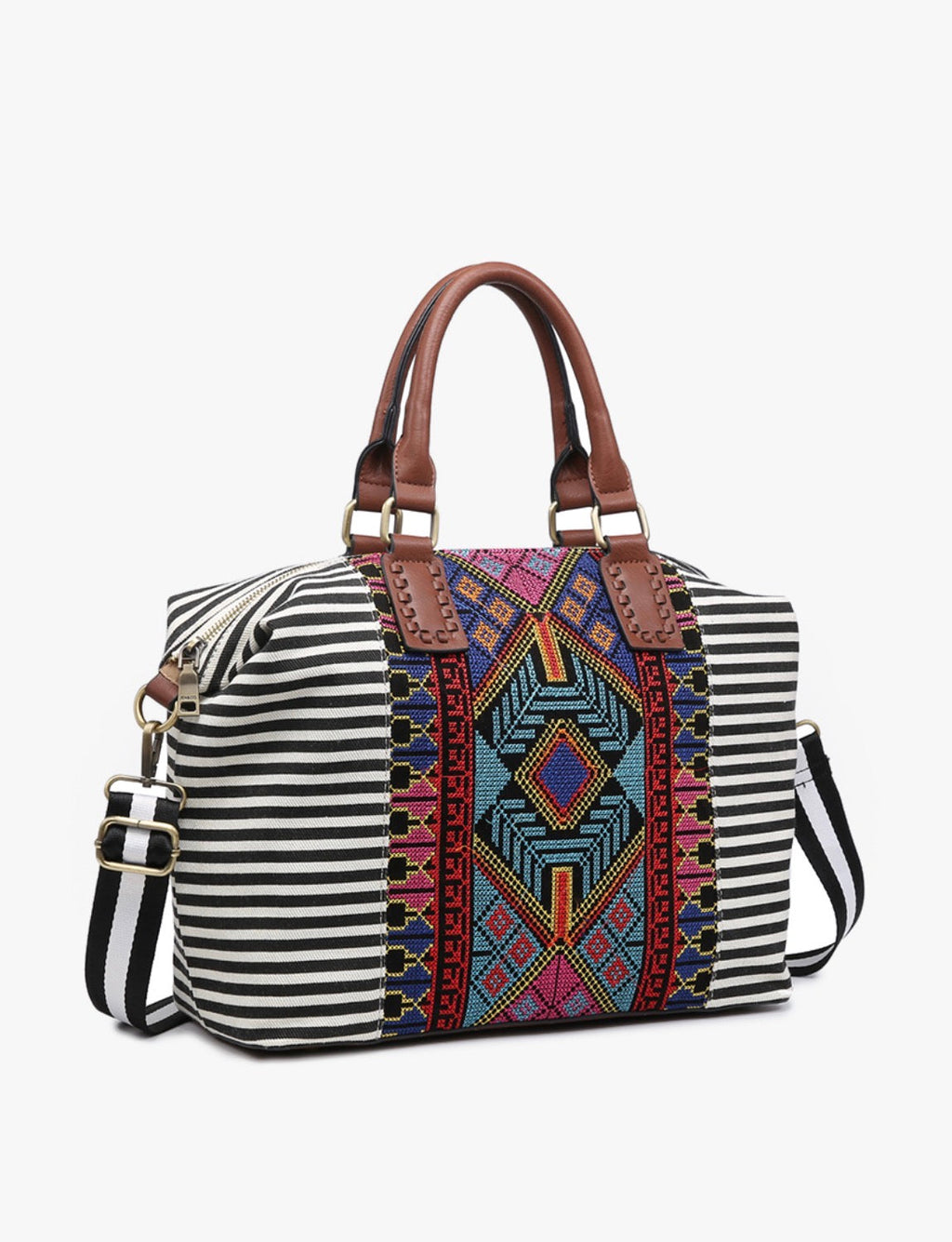 Striped two-tone satchel with top handles, shoulder strap, and colorful front panel