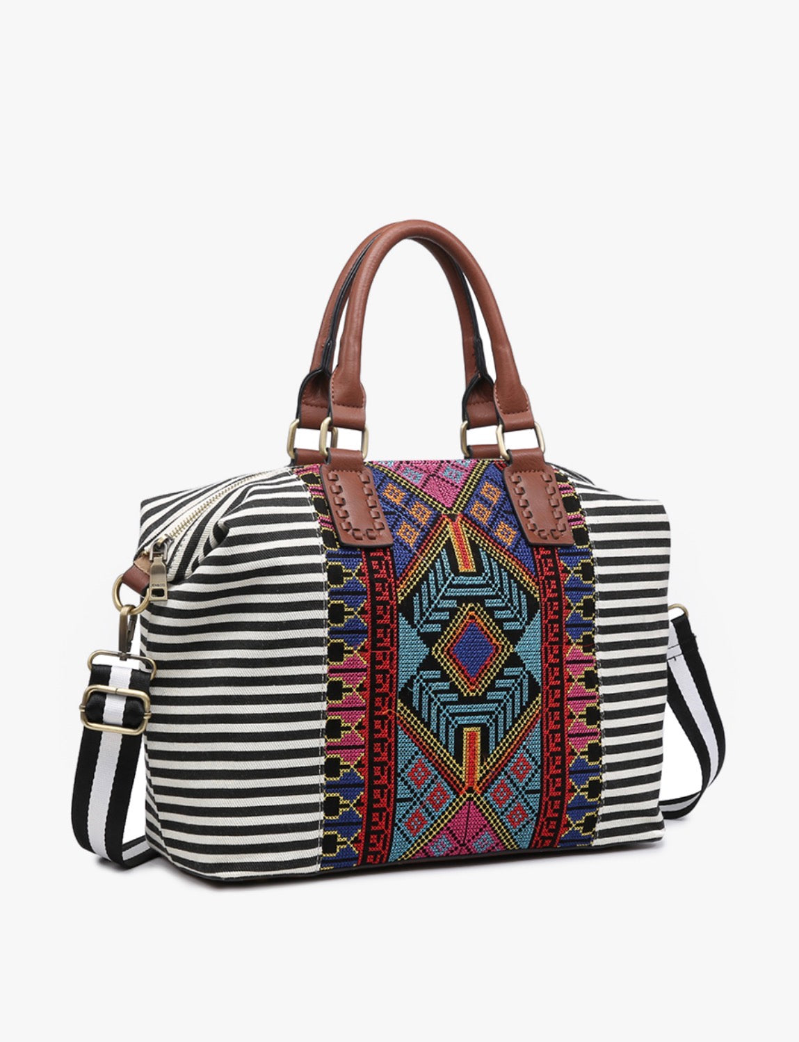 Striped two-tone satchel with top handles, shoulder strap, and colorful front panel