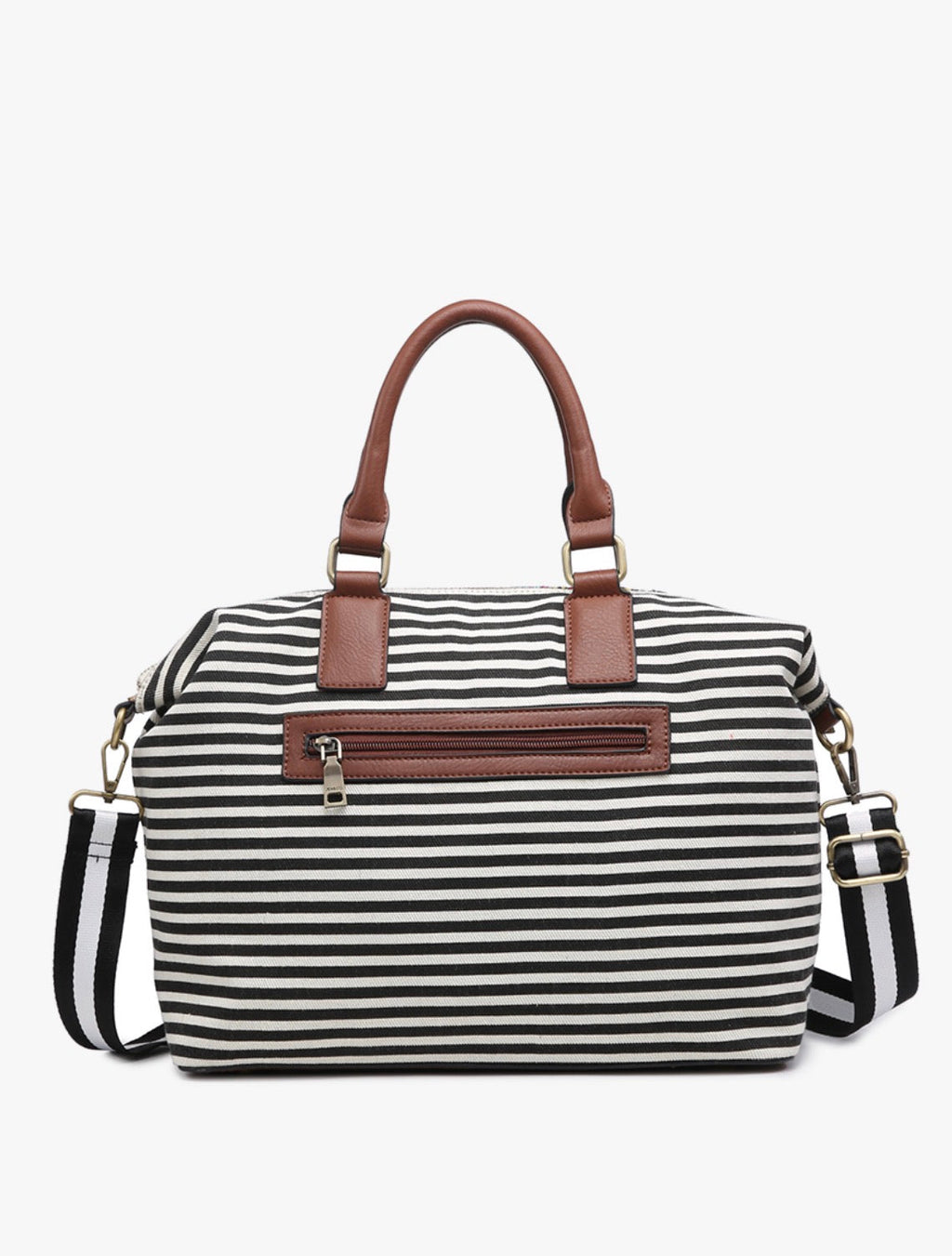 Striped two-tone satchel with brown top handles and front zip pocket