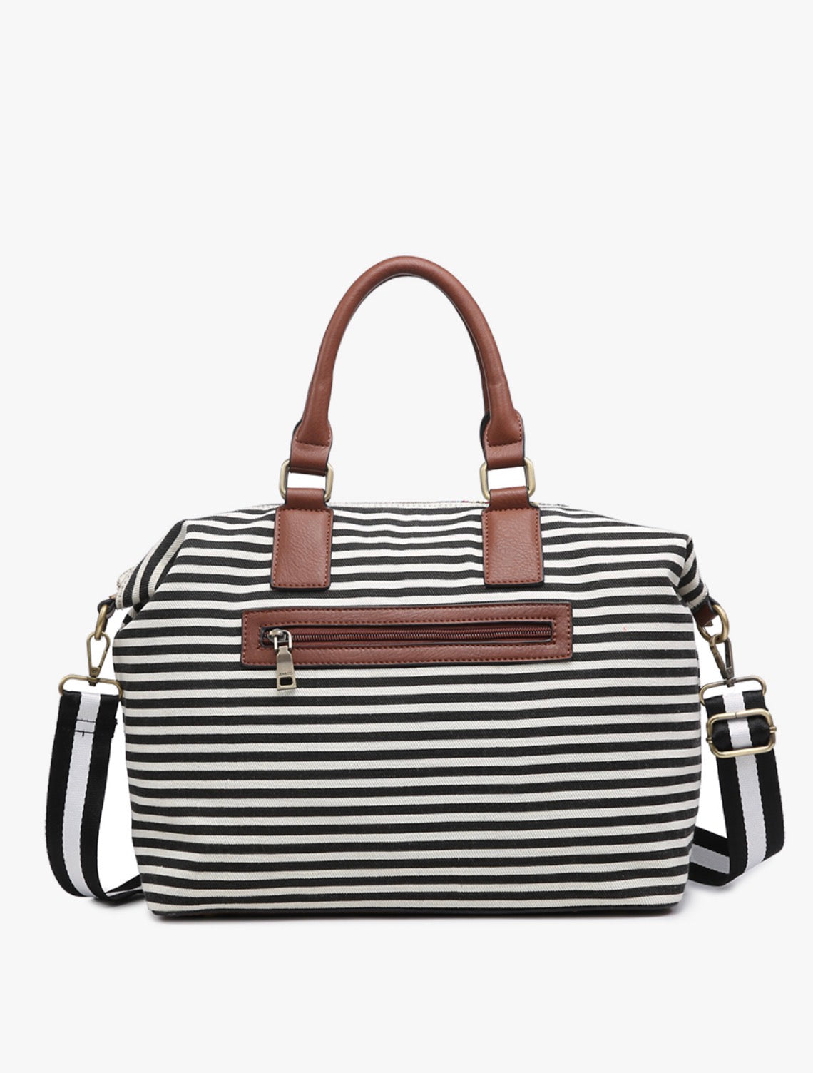 Striped two-tone satchel with brown top handles and front zip pocket