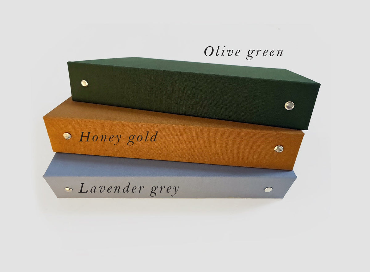 Linen 3-ring binders in olive green, honey gold, and lavender grey