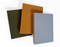 Linen 3-ring binder set in olive green, honey gold, and lavender grey
