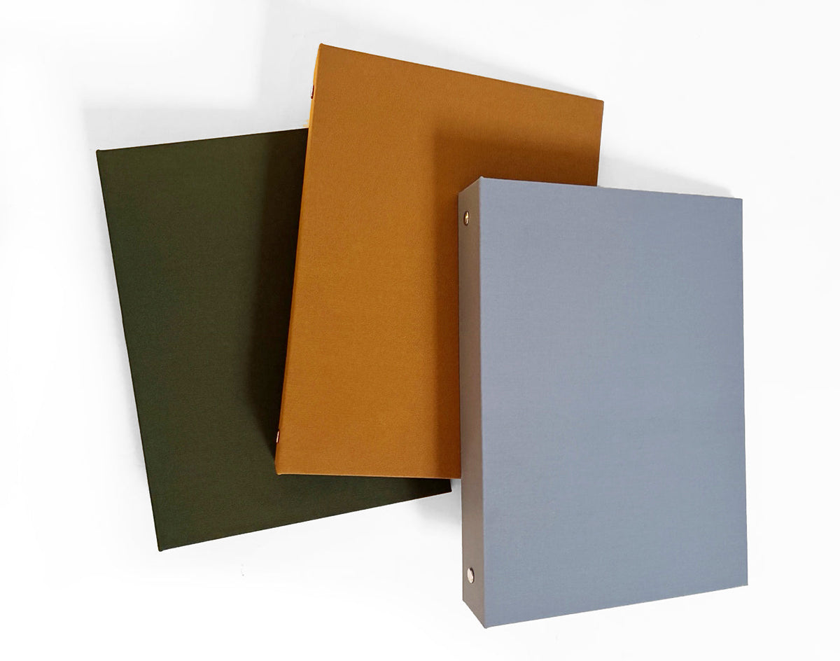 Linen 3-ring binder set in olive green, honey gold, and lavender grey