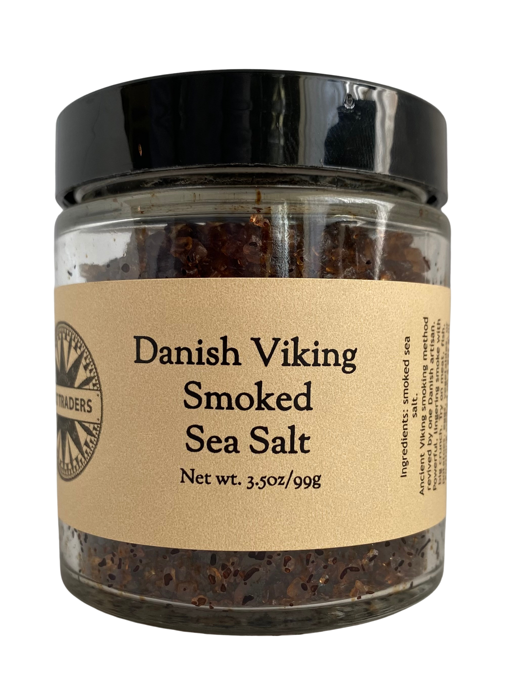 Smoked sea salt in clear glass jar with black lid, beige label and net weight