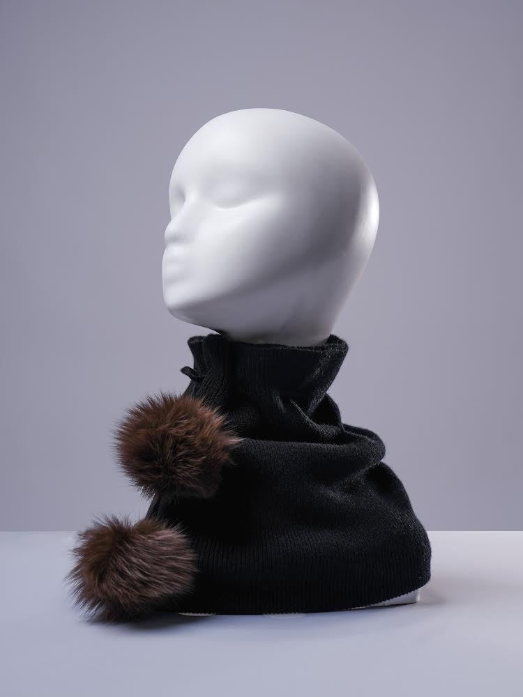 Black cashmere neck warmer and beanie set with two fur pom-poms