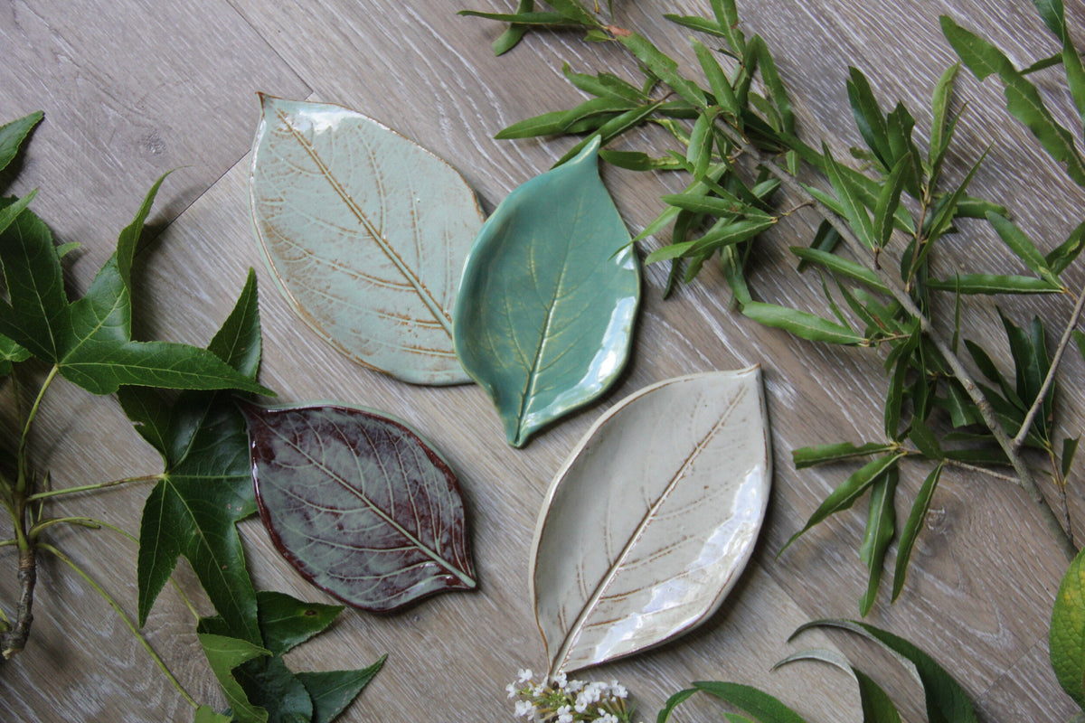 Assorted leaf-shaped dishes with greenery on a wooden board: moss, oyster shell, and white