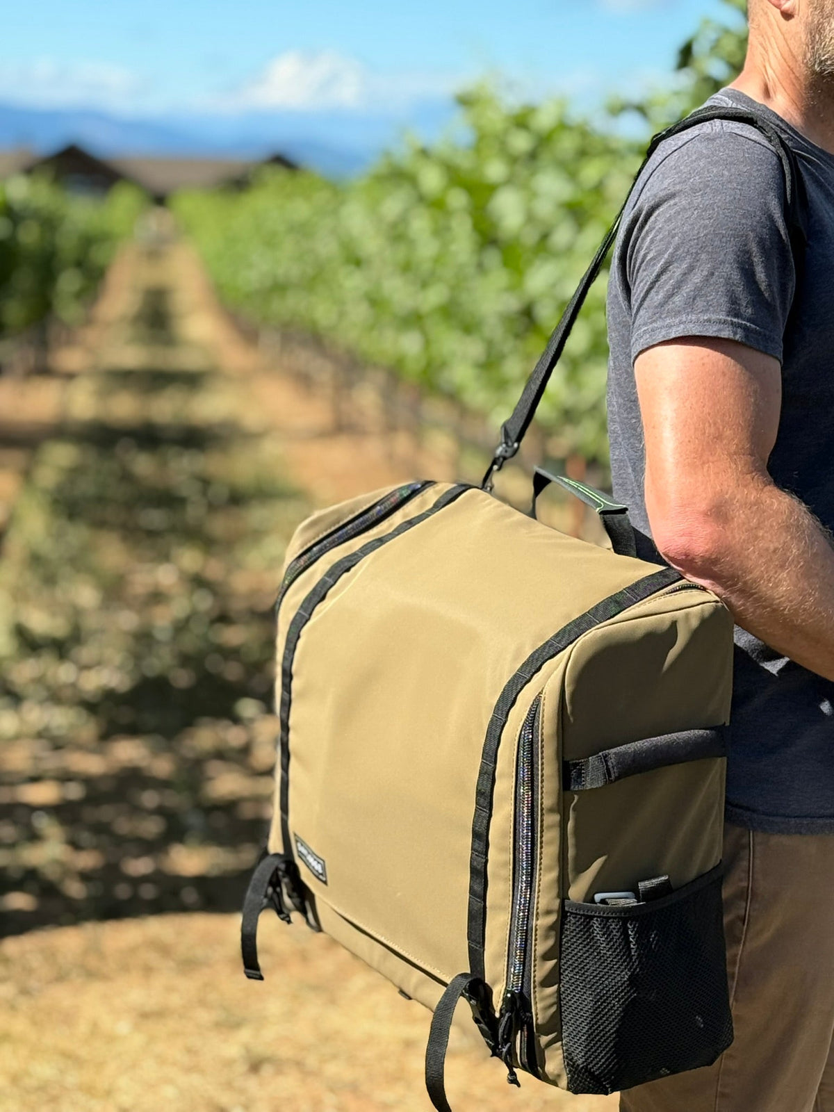 Olive and khaki camp kitchen table bag with side pockets and shoulder strap