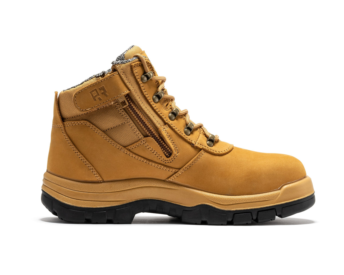 Wheat composite-toe lace-up work boot with padded collar and black tread sole