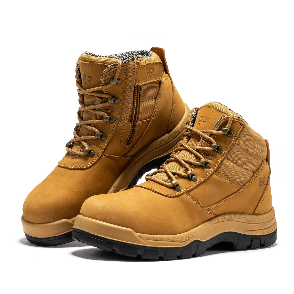 Pair of wheat composite-toe work boots with lace-up fronts and rugged black soles