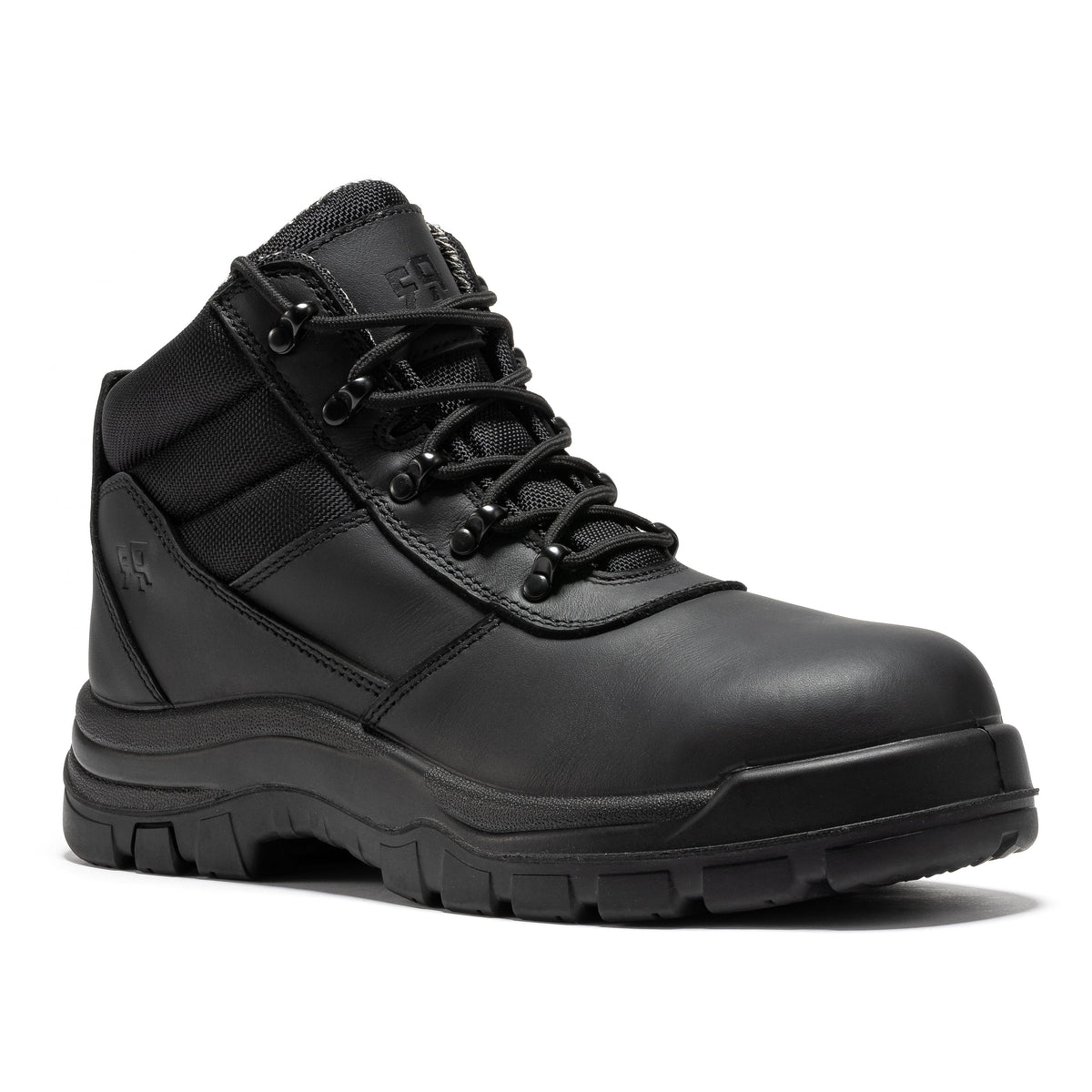 6-inch black leather work boot with lace-up front and side zipper, rugged tread sole