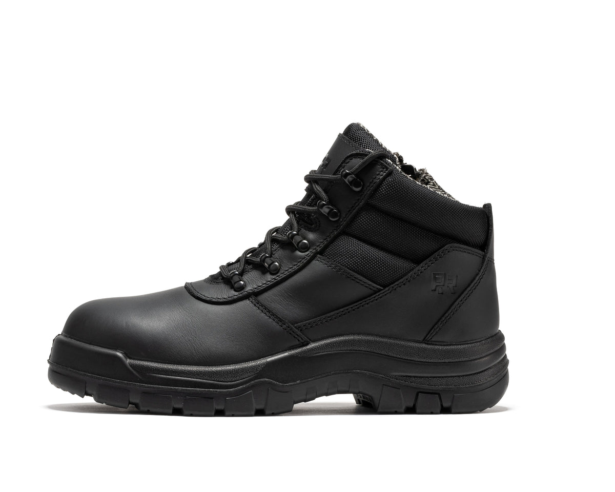 6-inch black leather work boot side view with lace-up front and side zipper, chunky tread