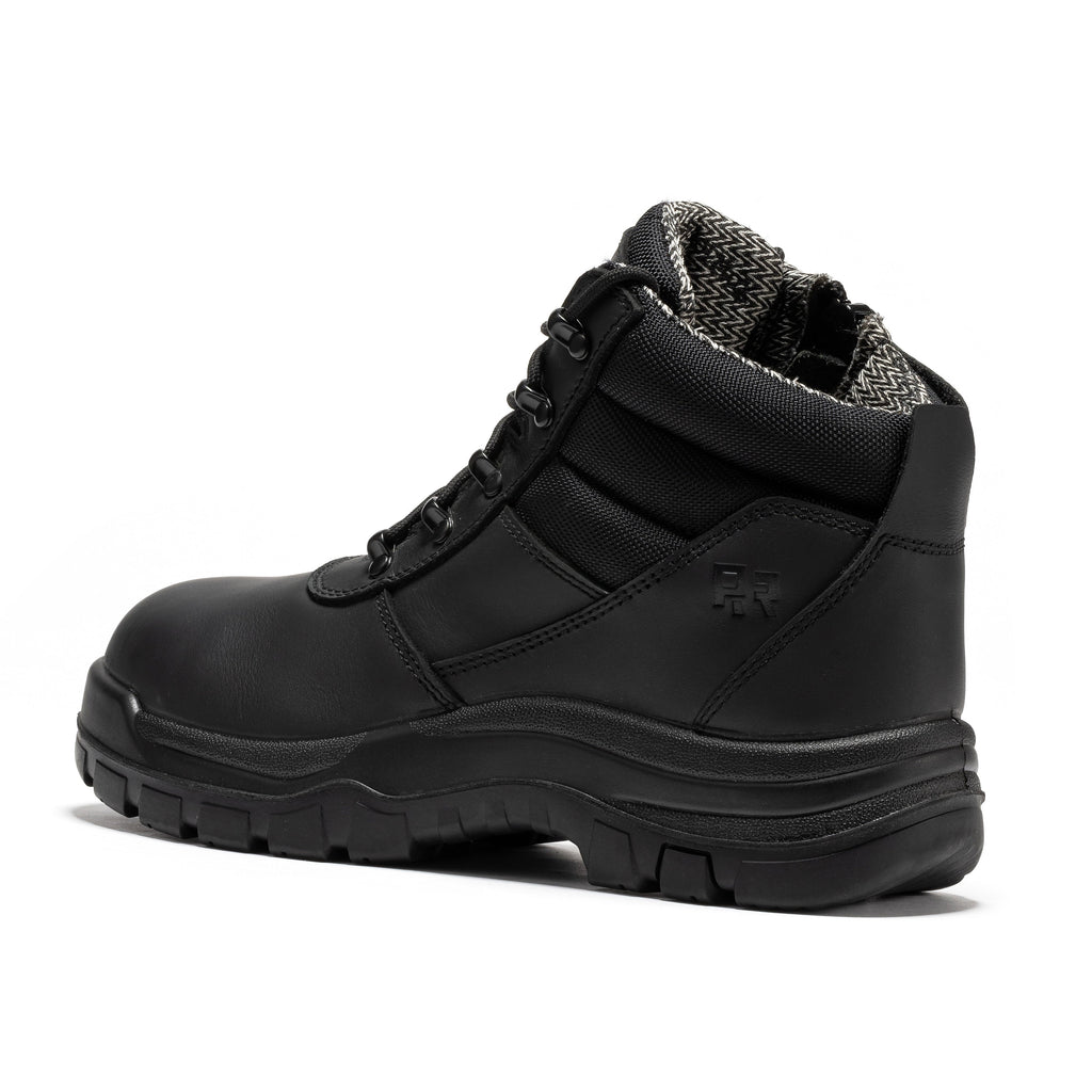 6-inch black leather work boot side view with lace-up closure, side zipper, tread outsole
