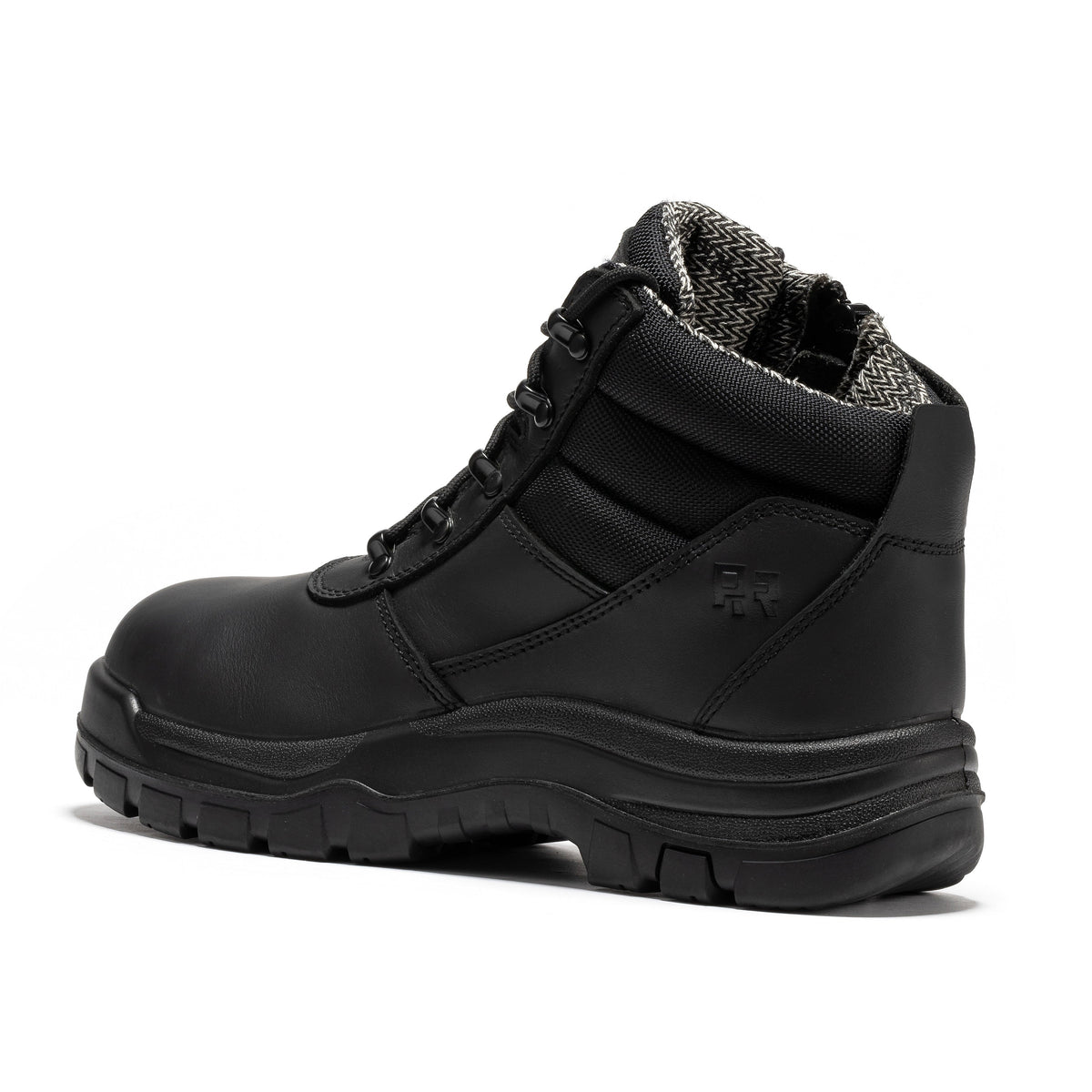 6-inch black leather work boot side view with lace-up closure, side zipper, tread outsole