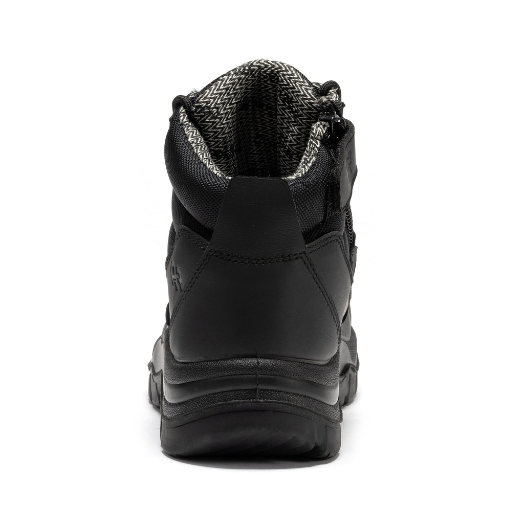 6-inch black leather work boot back view with lace-up top and side zipper panel