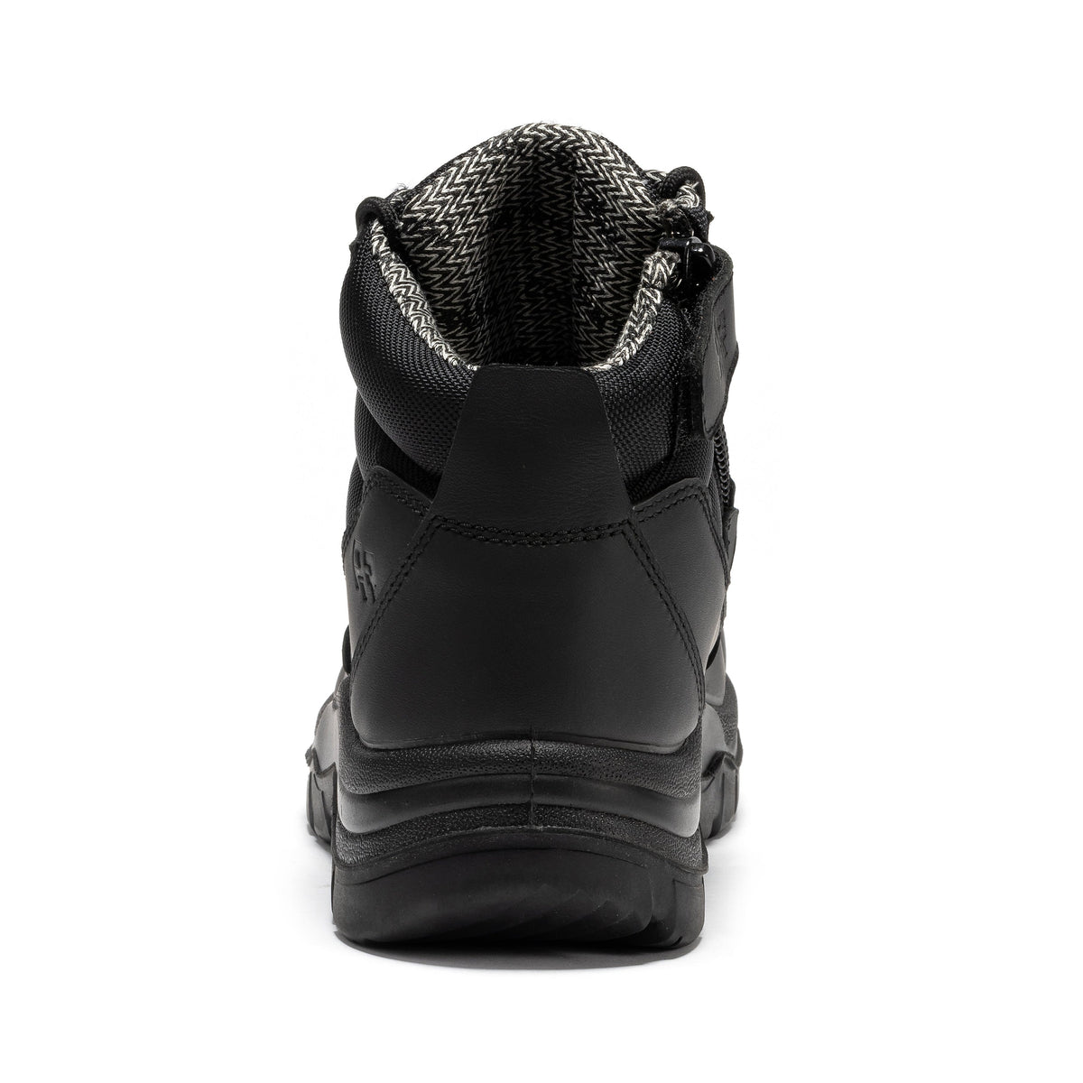 6-inch black leather work boot back view with lace-up top and side zipper panel