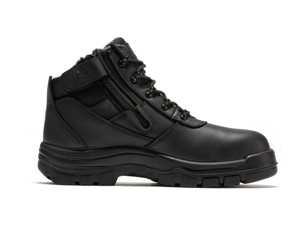 6-inch black leather work boot angled side view with lace-up closure and side zipper