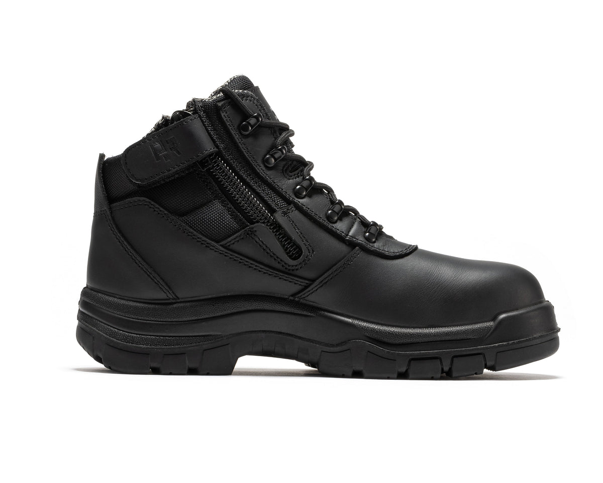 6-inch black leather work boot angled side view with lace-up closure and side zipper