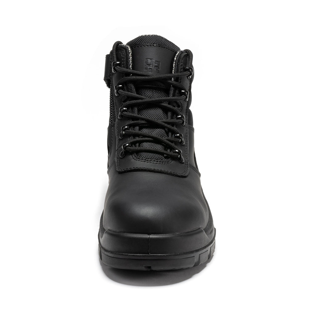 6-inch black leather work boot front view with lace-up design and side zipper panel