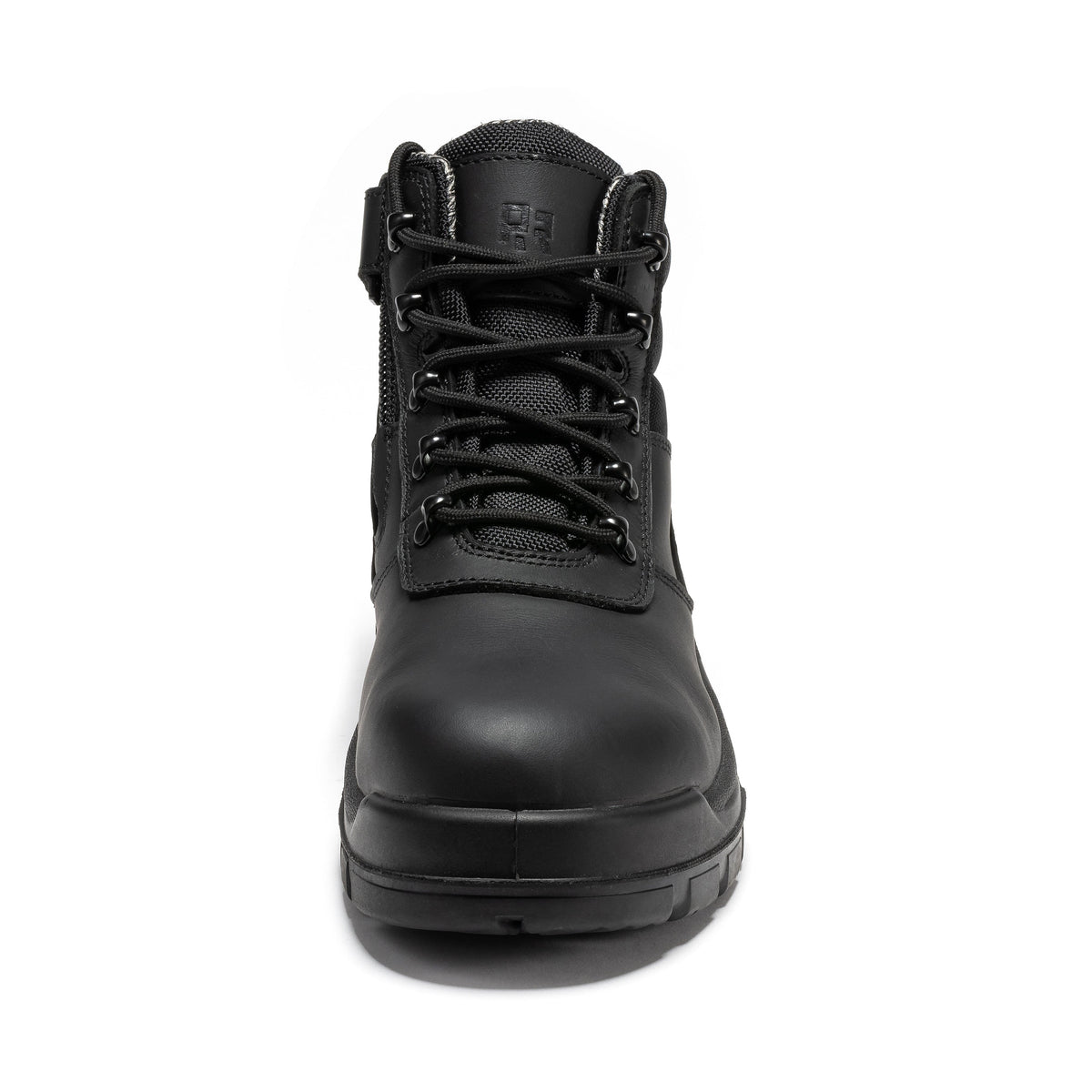 6-inch black leather work boot front view with lace-up design and side zipper panel