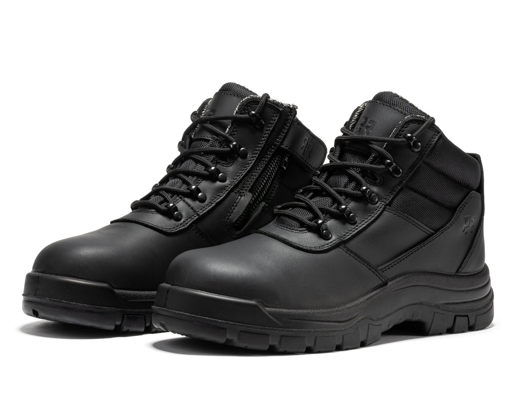 Pair of 6-inch black leather work boots with lace-up front and side zipper, tread soles