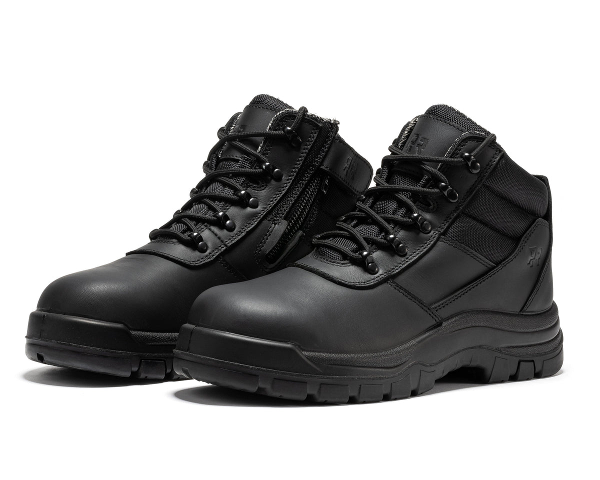 Pair of 6-inch black leather work boots with lace-up front and side zipper, tread soles