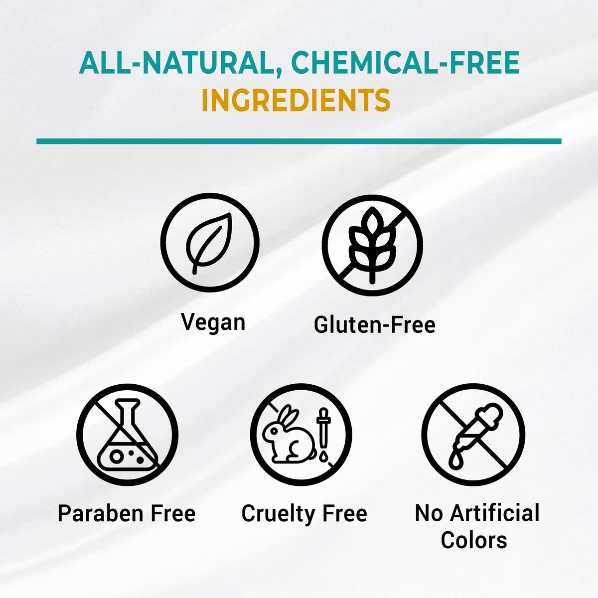 All-natural, chemical-free ingredients badge with vegan and gluten-free icons