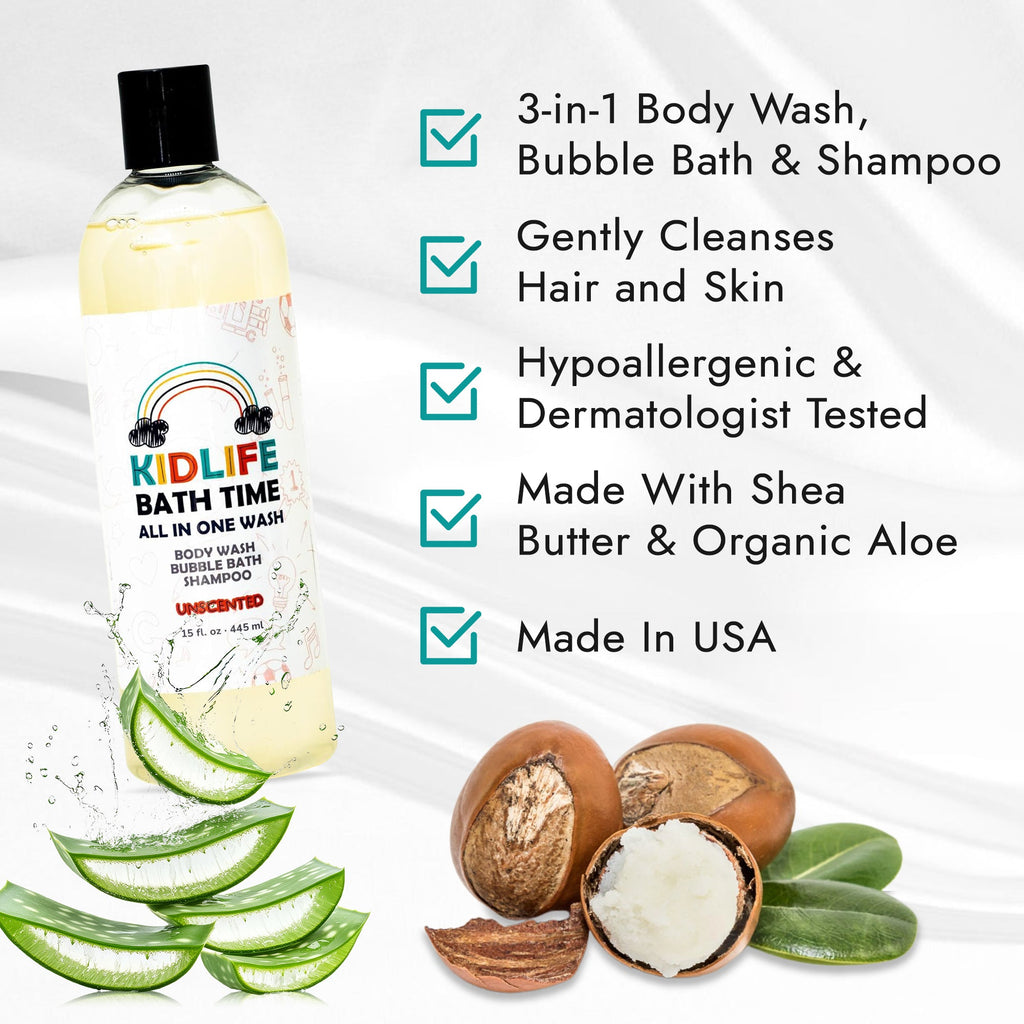 Kids 3-in-1 body wash bottle with aloe leaves and shea nuts