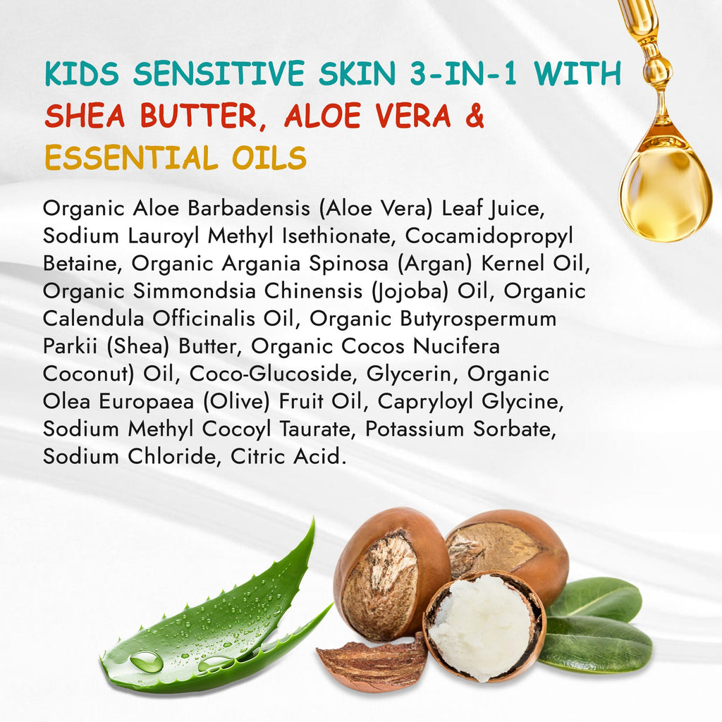 Kids sensitive skin 3-in-1 wash bottle with aloe leaf and shea ingredients