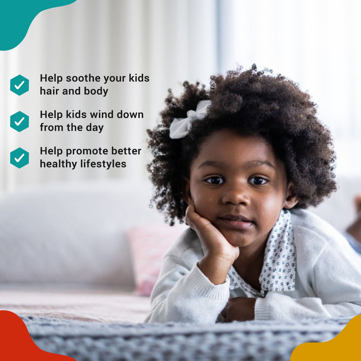 Smiling child with curly hair on blanket, for kids hair and body care