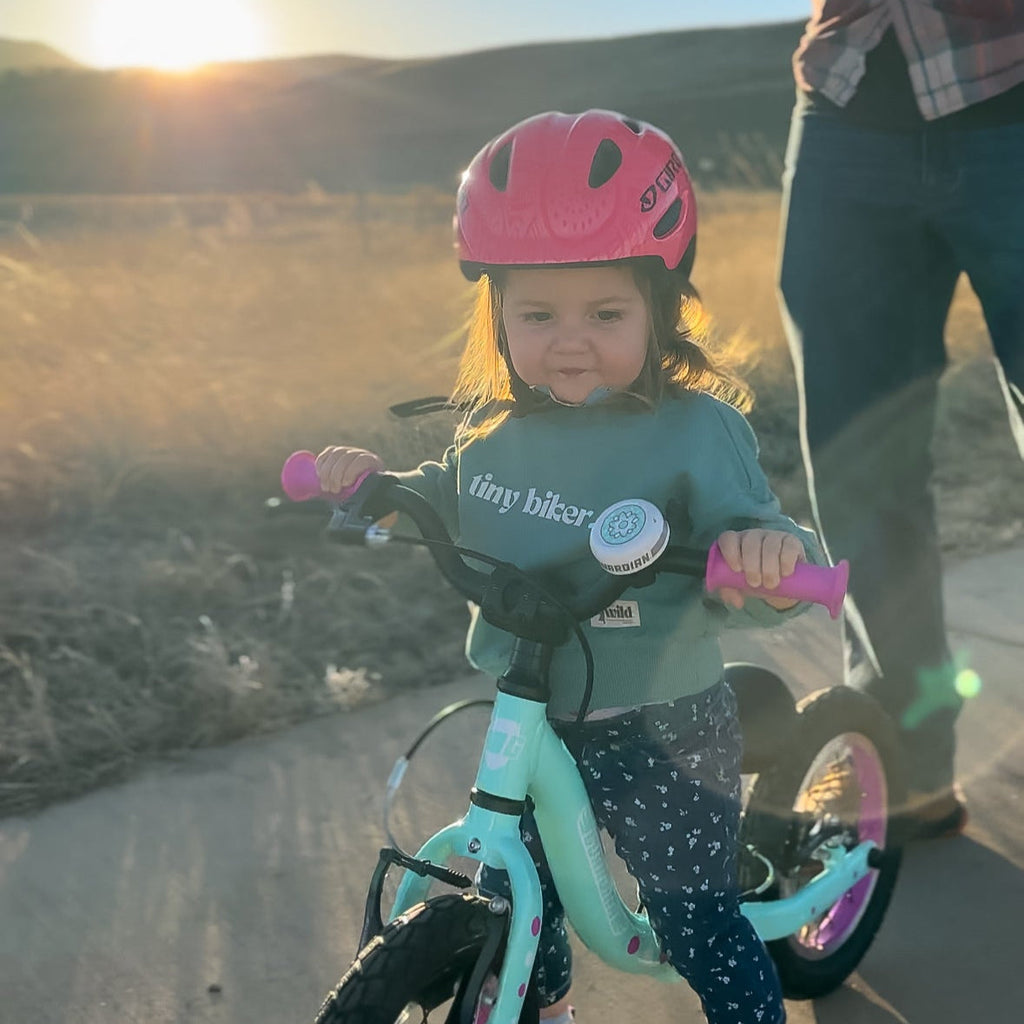 Teal long-sleeve crewneck pullover on a child, with ribbed cuffs and hem.