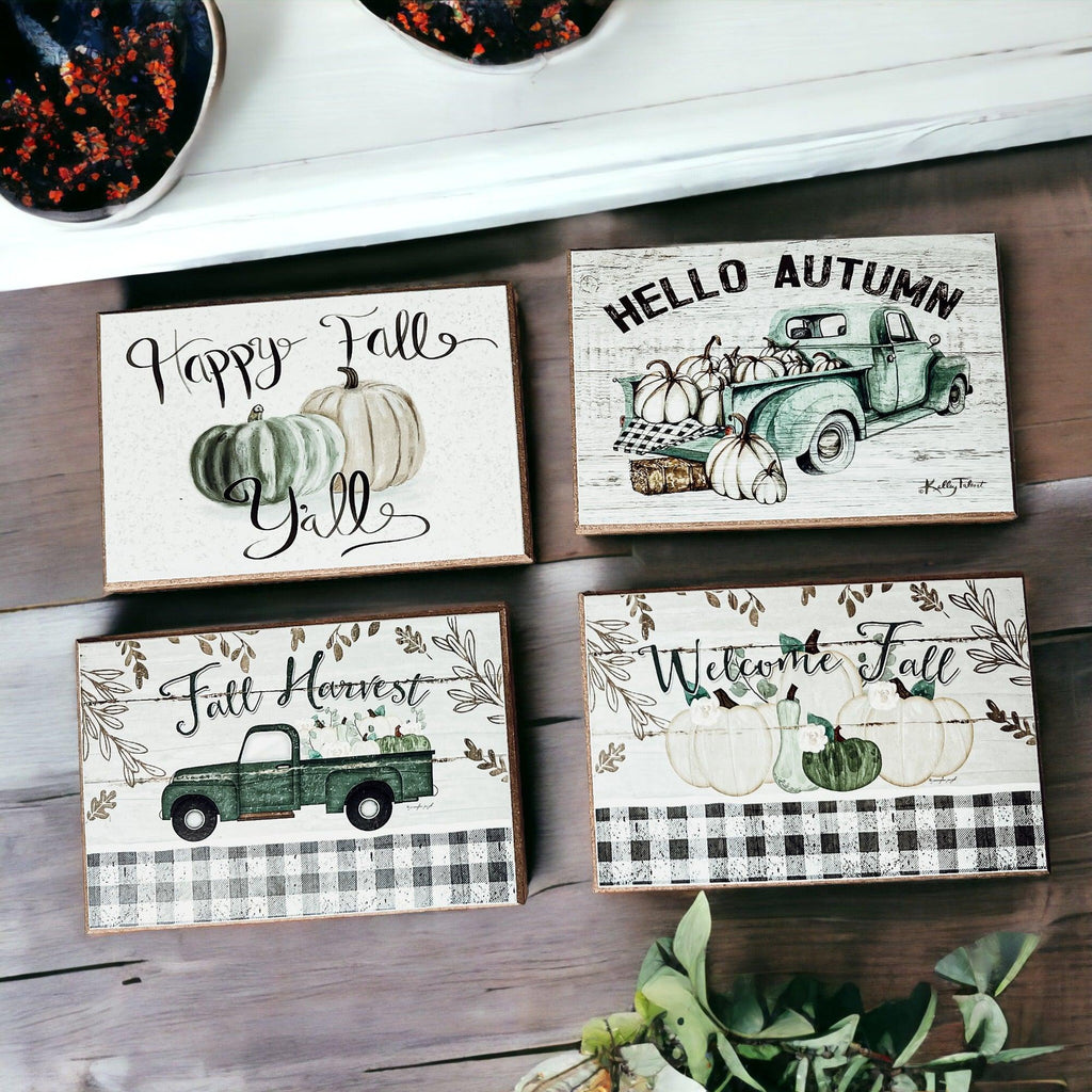 Four fall greeting cards with Happy Fall, Hello Autumn, and Welcome Fall designs