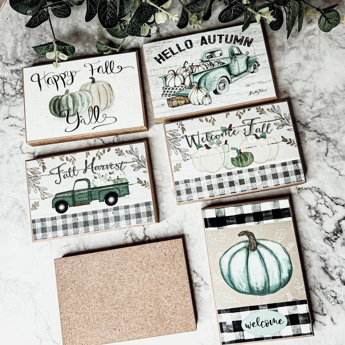 Fall greeting cards with green truck, pumpkins, plaid, and “Welcome Fall” message