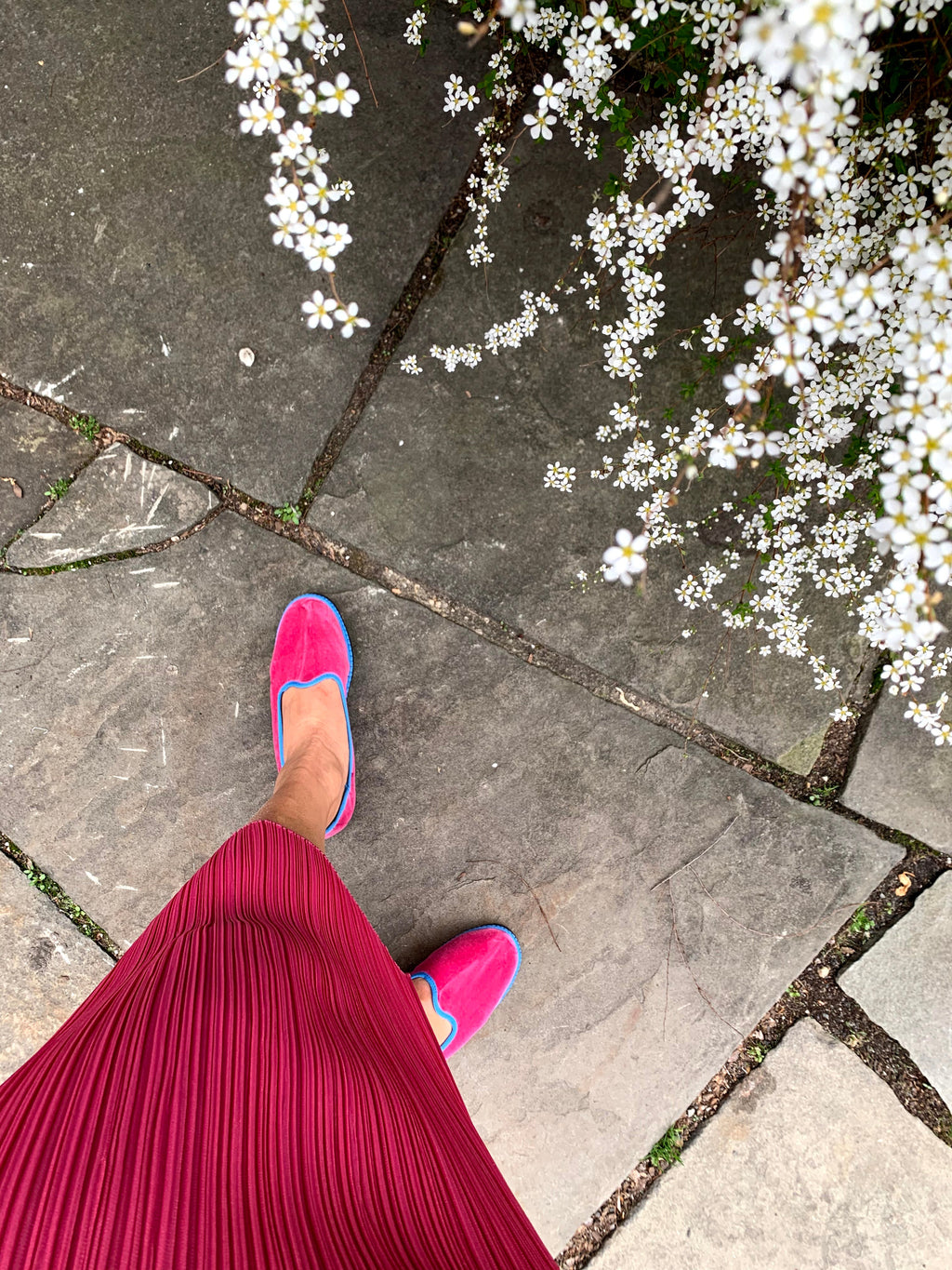 Pink slip-on loafers on stone paving beside small white blossoms