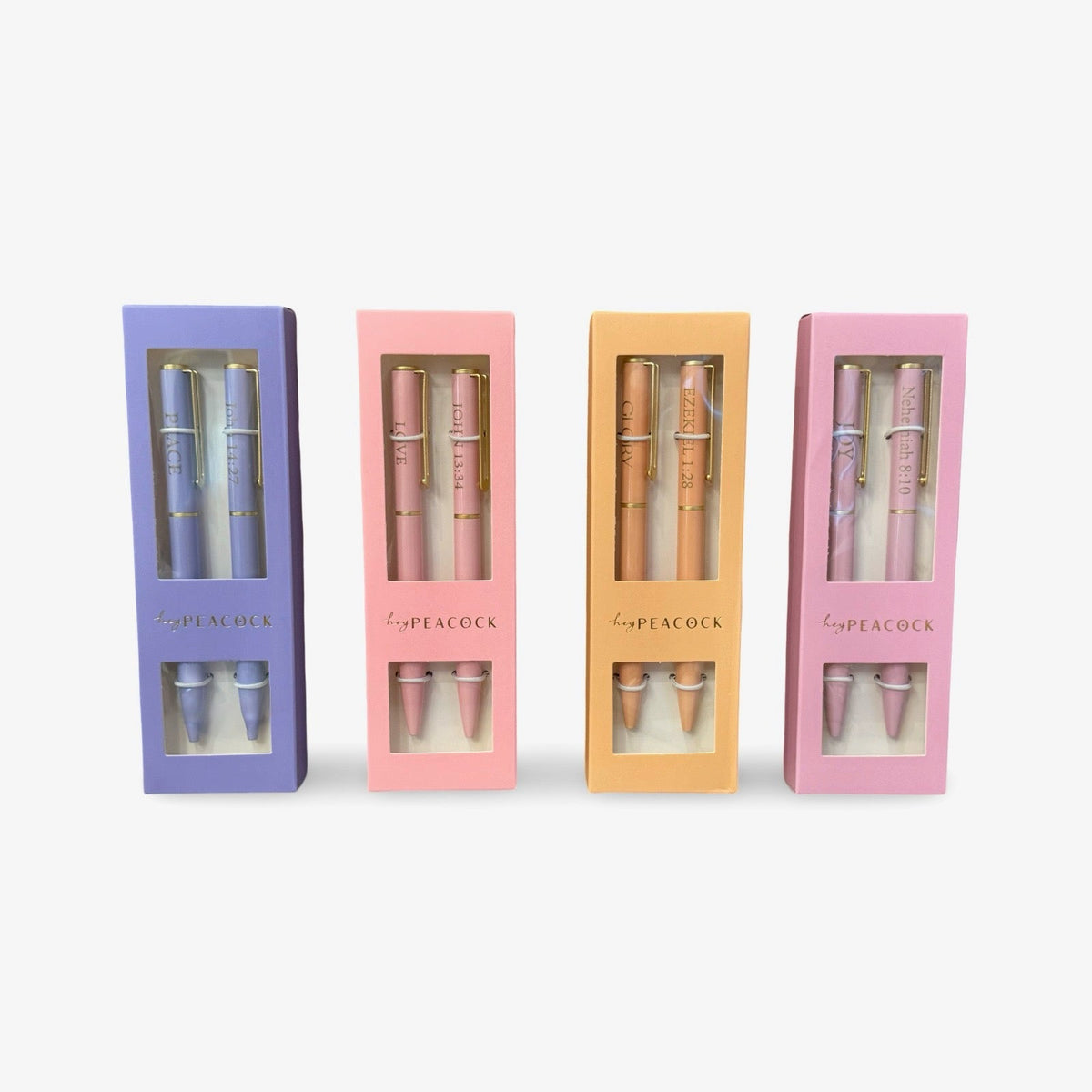 HeyPeacock scripture ballpoint pen set in four colored gift boxes: Peace, Love, Joy, Glory