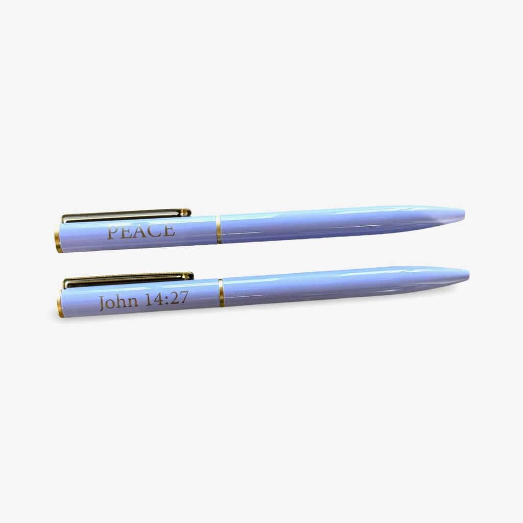 Blue gold scripture ballpoint pens labeled PEACE and John 14:27, set of 2