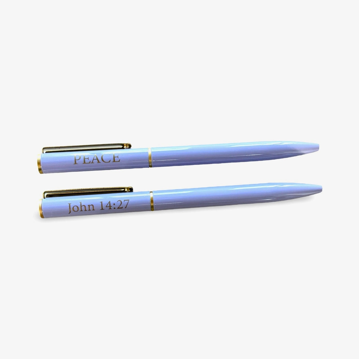 Blue gold scripture ballpoint pens labeled PEACE and John 14:27, set of 2