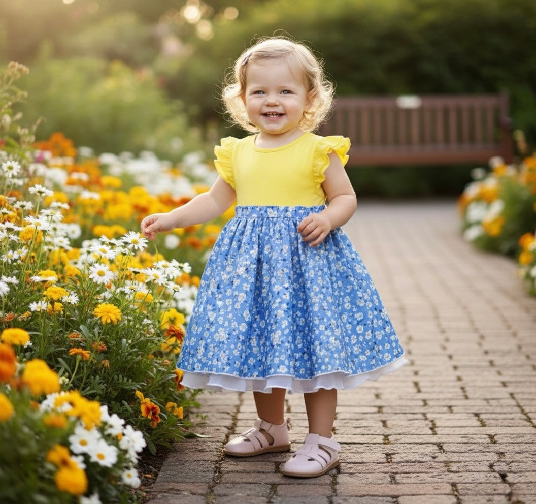 Toddler girls' yellow sleeveless dress with blue floral skirt and white tulle hem