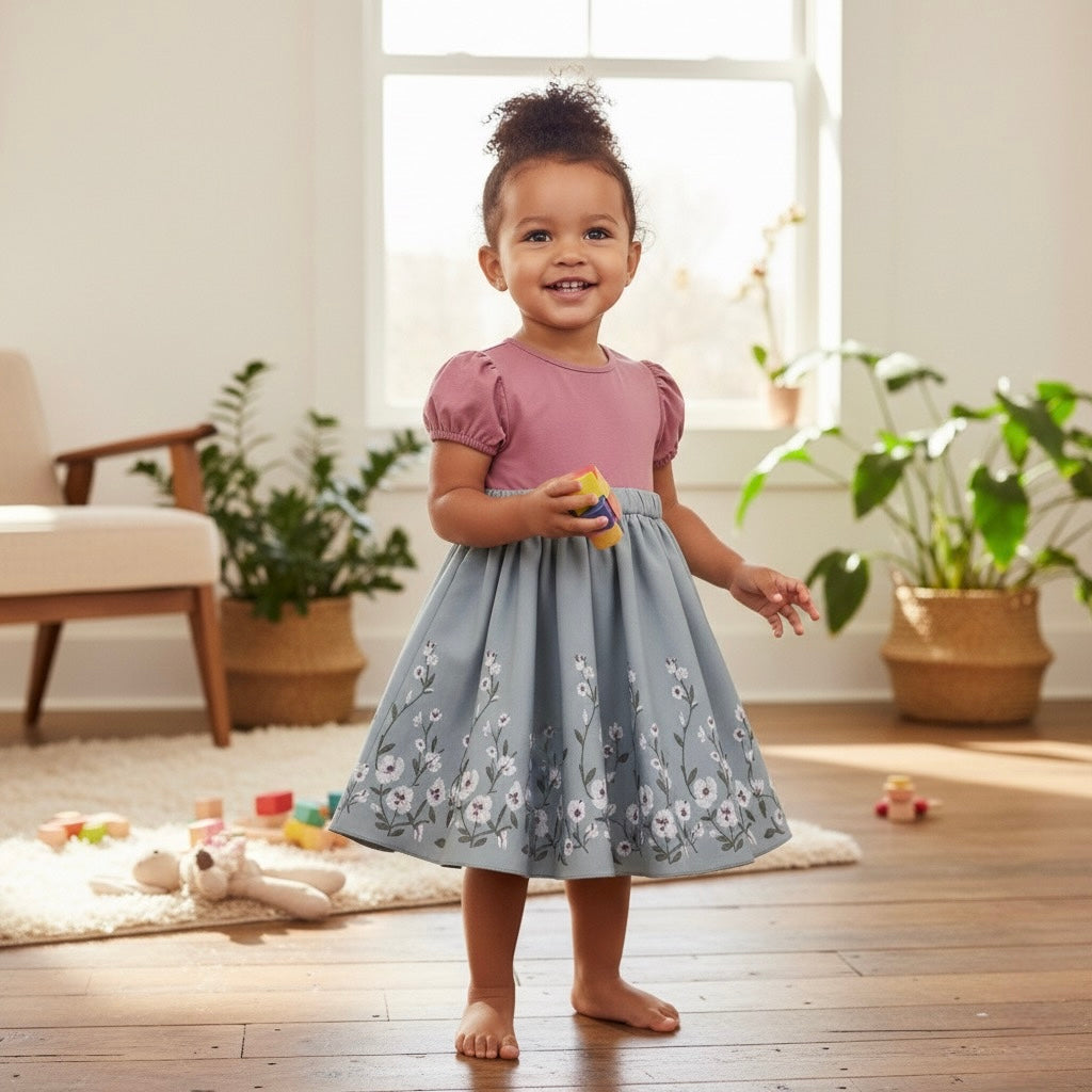 Girls floral dress with mauve puff sleeves and blue twirly skirt