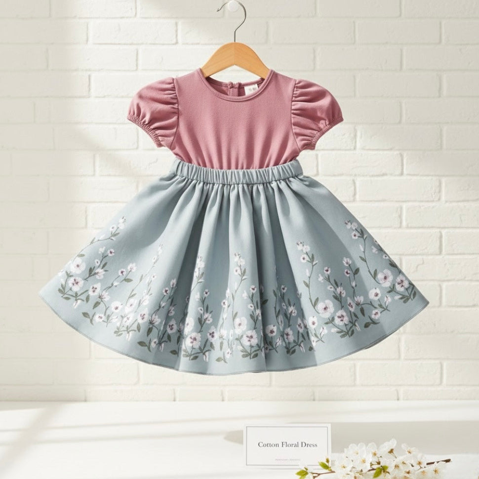 Girls floral dress on hanger, pink puff-sleeve bodice and blue gathered skirt