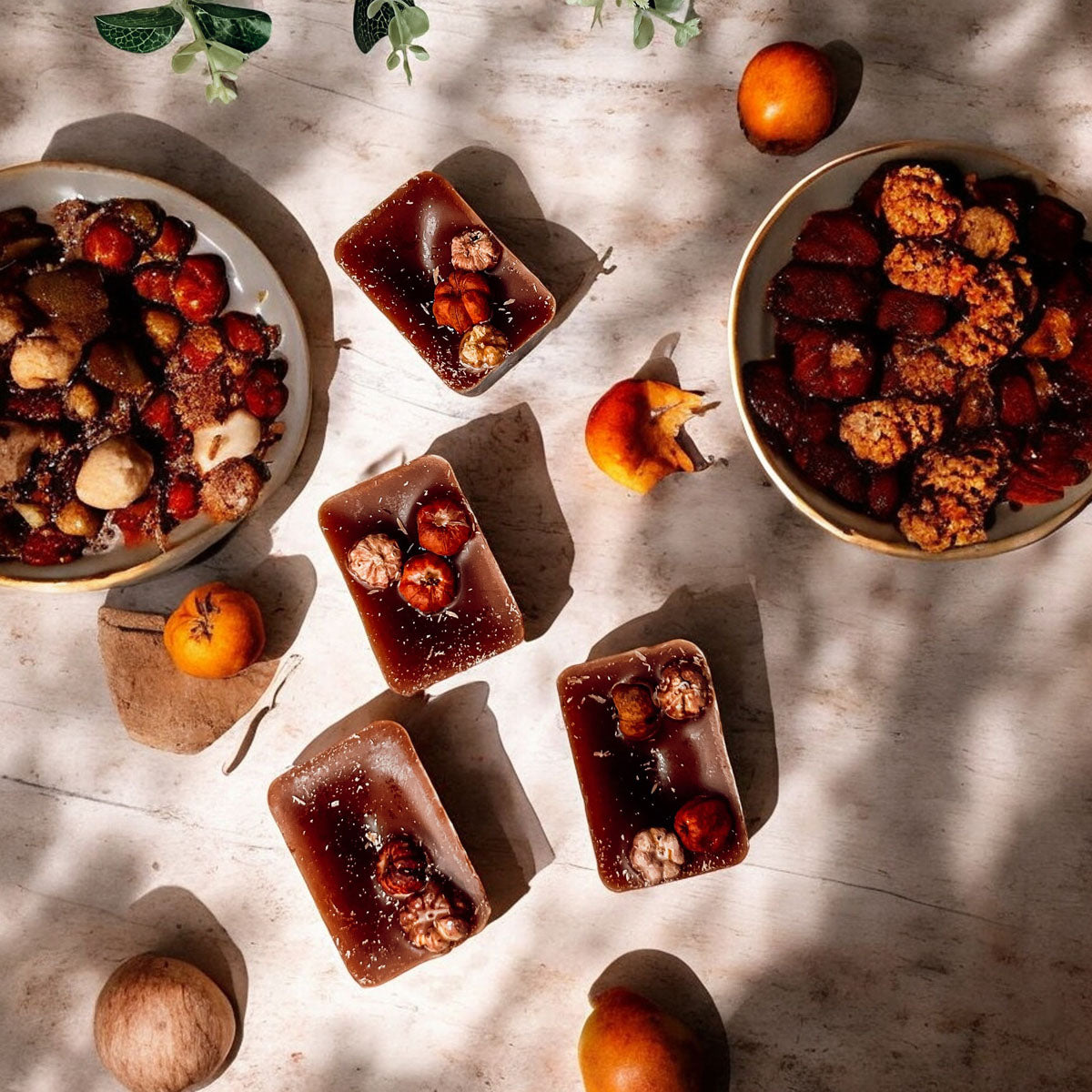 Pumpkin pecan waffles XL wax melts, dark amber square melts with fruit-and-nut embeds