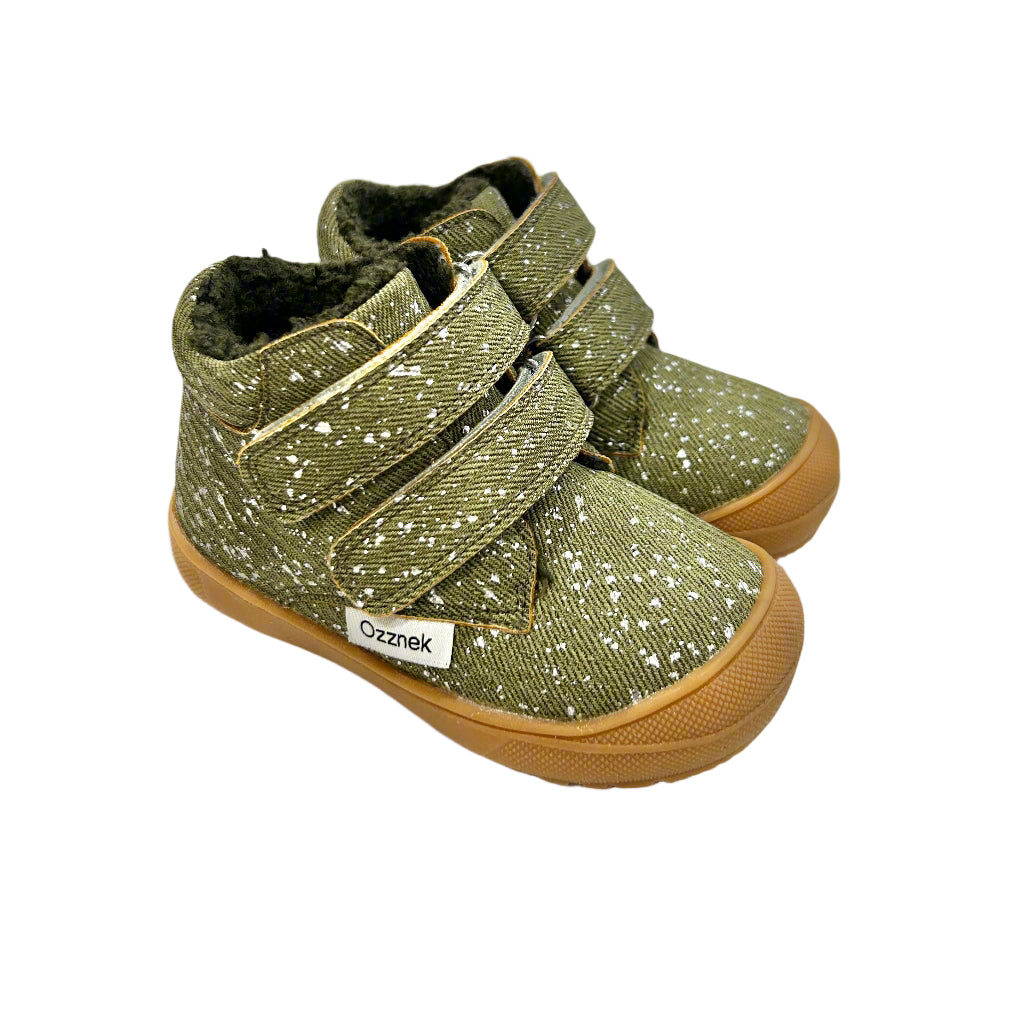 Olive green toddler boots with hook-and-loop straps and sherpa lining