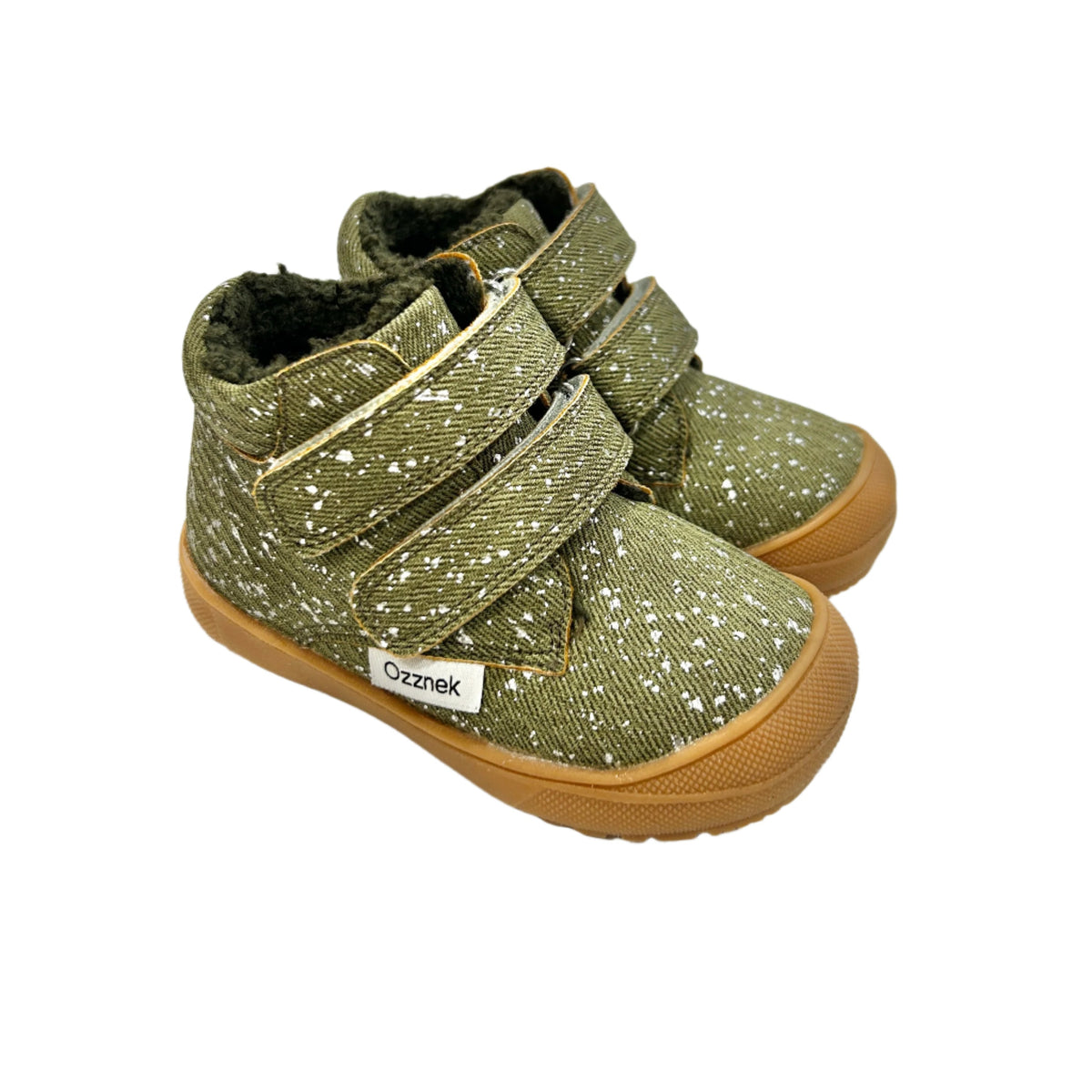 Toddler hiker boots, olive speckled fabric with sherpa lining, double Velcro straps, tan sole