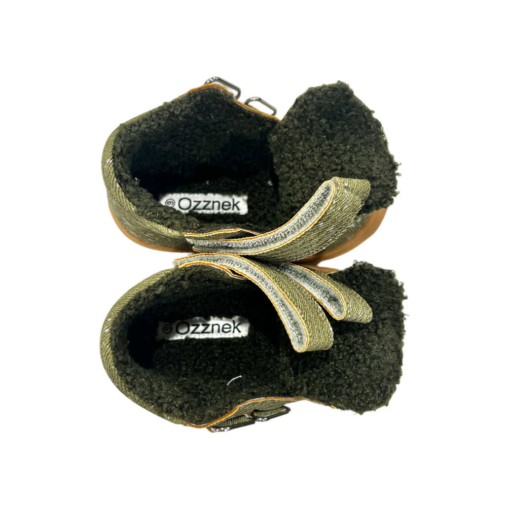 Sherpa-lined toddler boots interior, olive speckled uppers, Velcro hook-and-loop straps