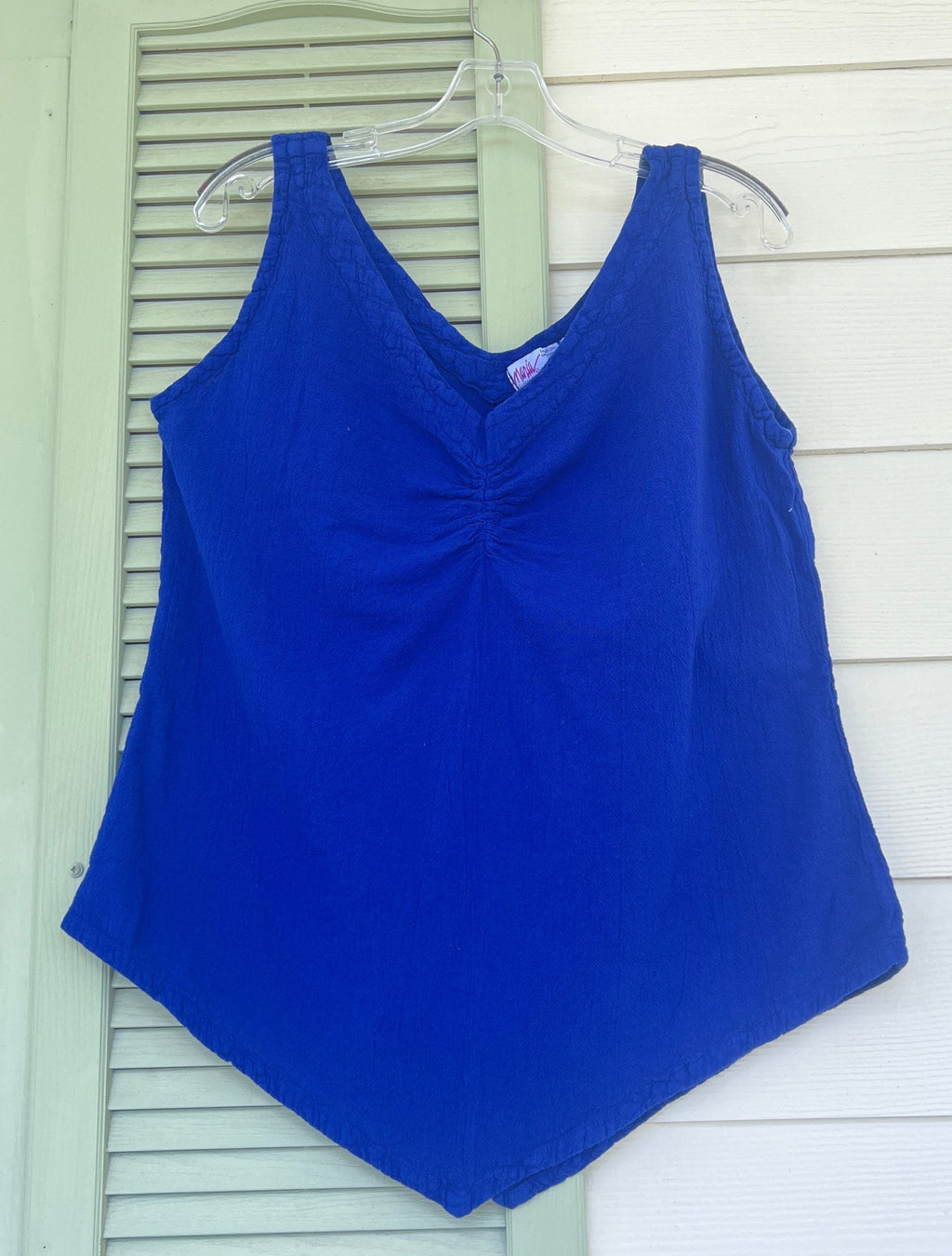 Women's cotton gauze tank top, royal blue, V-neck sleeveless with side gathers