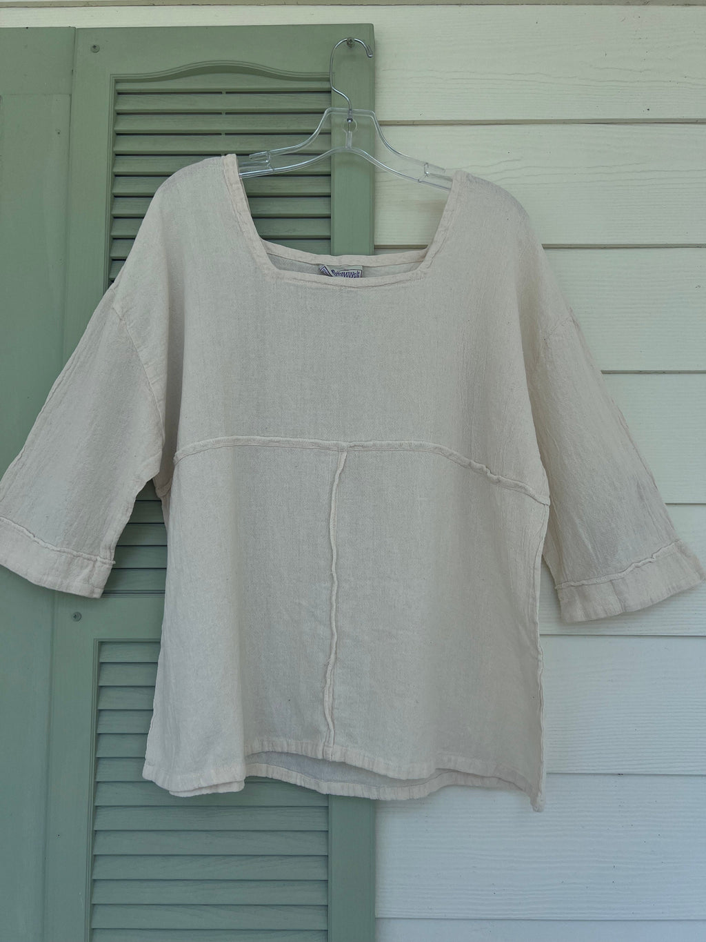 Elena cotton gauze top in pale gray on hanger, short sleeves, scoop neck