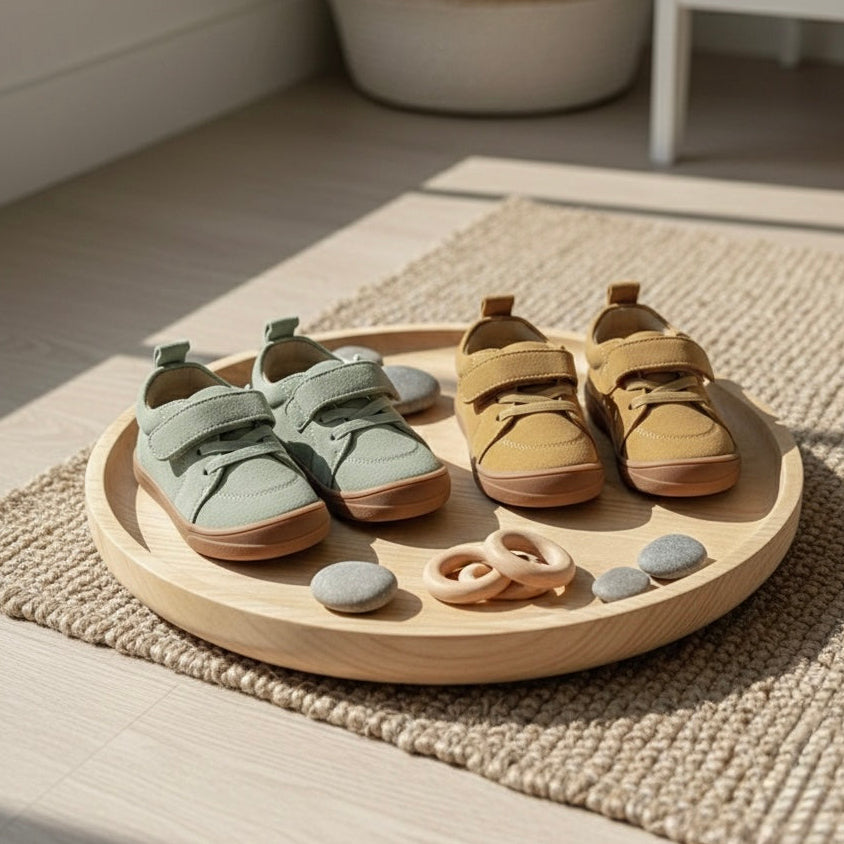 Kids barefoot sneakers set: mint and tan shoes with Velcro straps, flexible sole